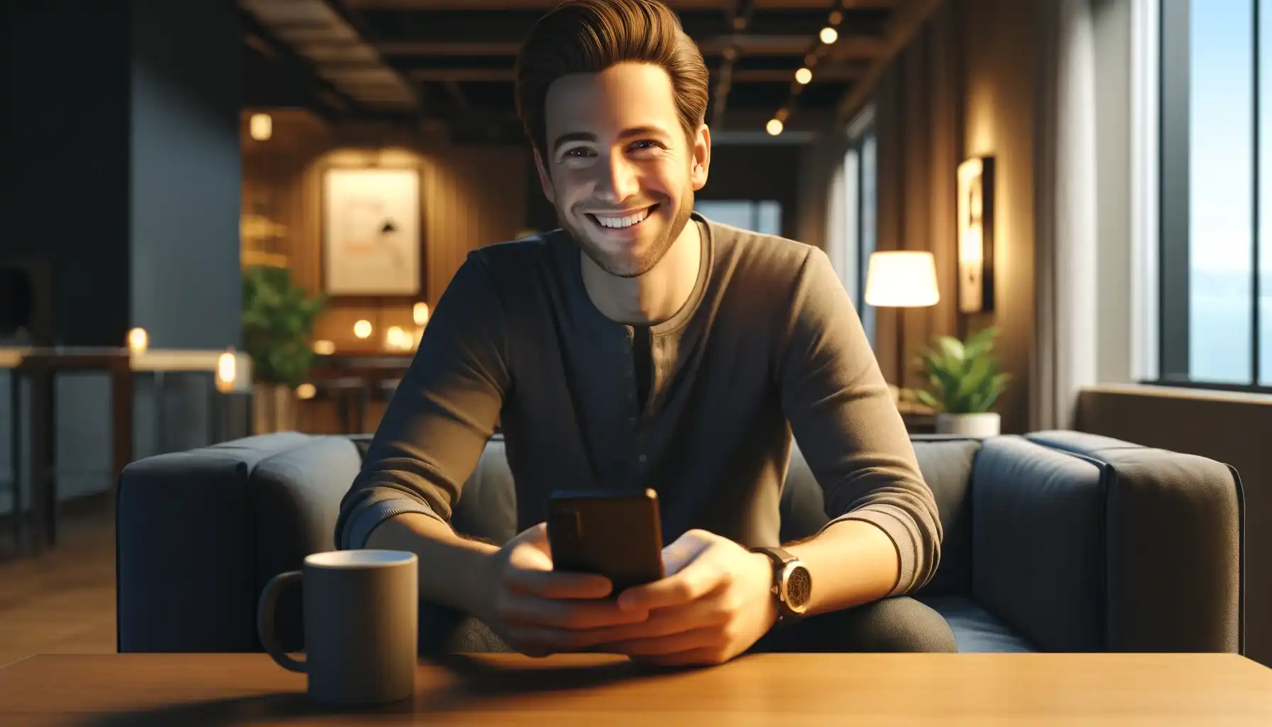 A smiling user looks at the phone