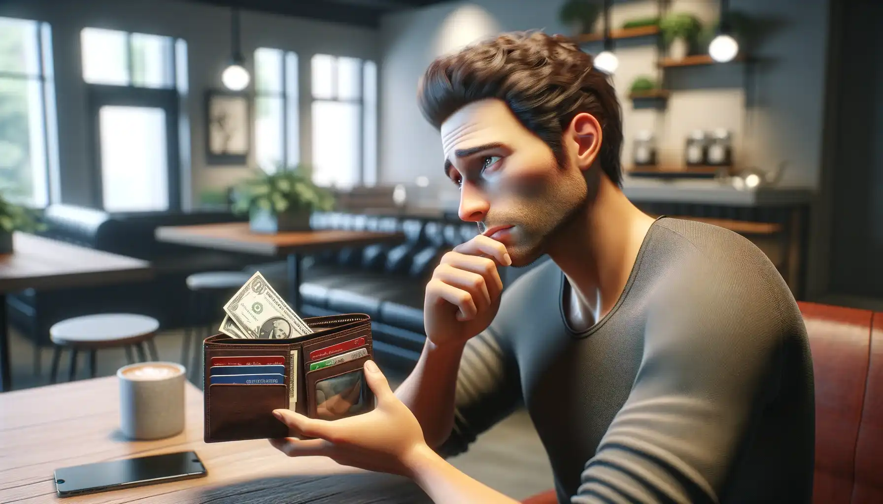 the user looks thoughtfully into the wallet and thinks about whether it is worth spending money on the service