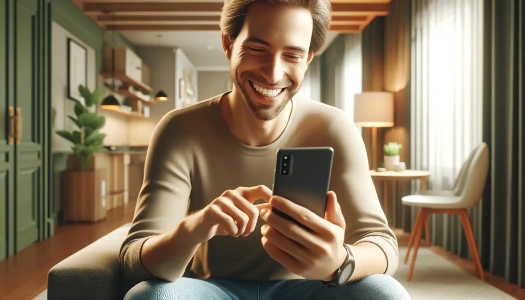 A happy user is looking at the phone