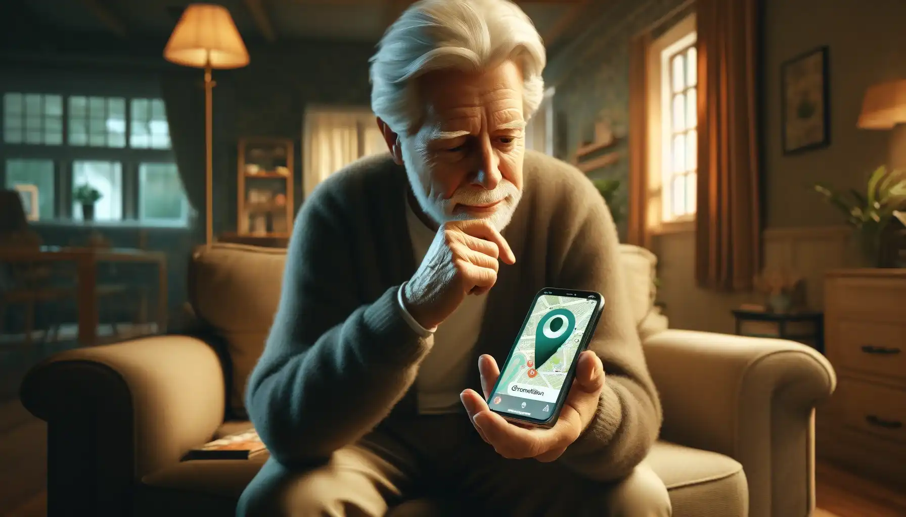 An elderly man looks at an interactive map open on the phone screen. The "grandson" icon is displayed on the map.