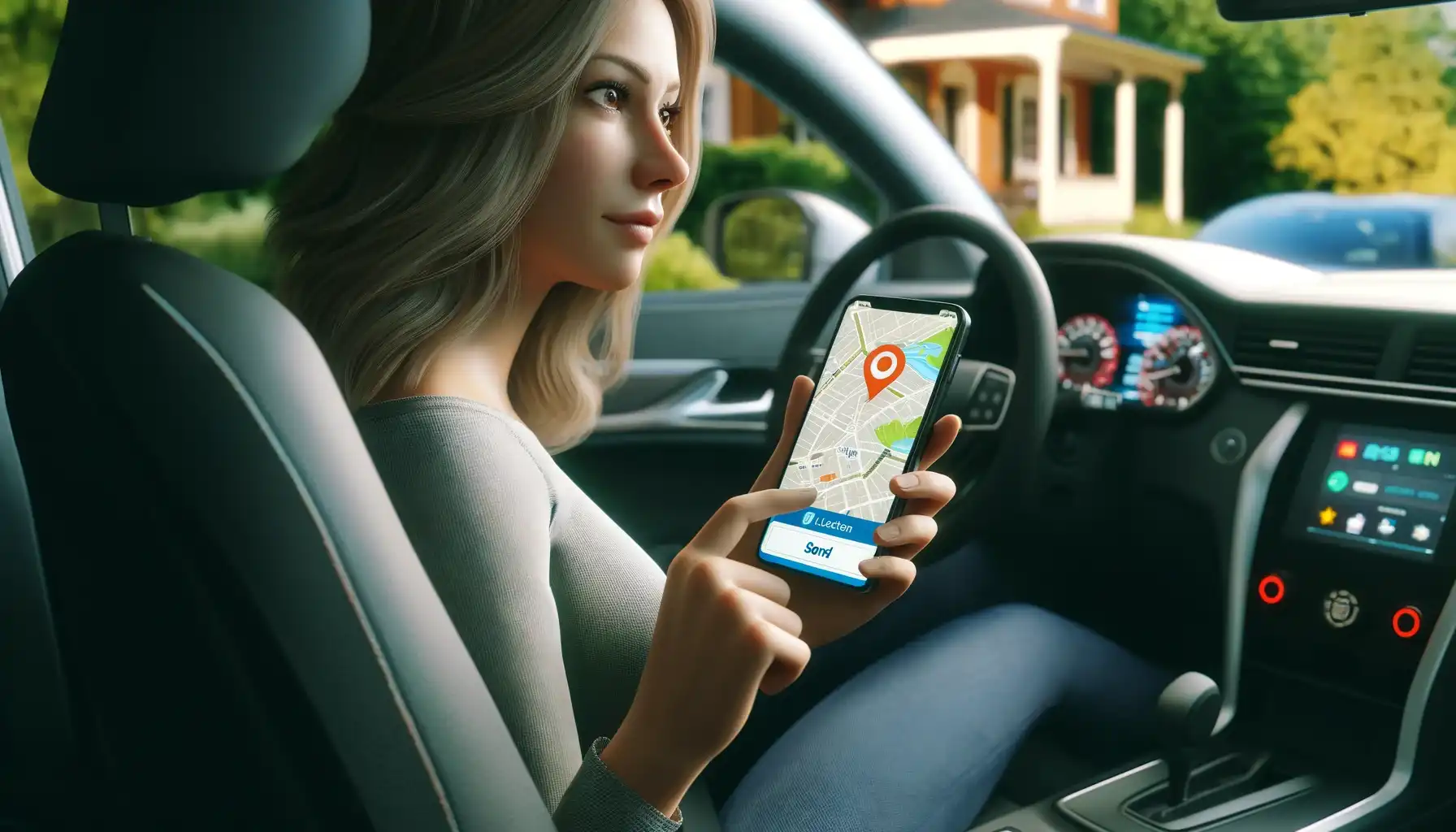 A woman sitting in a car is holding a phone in her hand to send her location to family via special app on the phone.