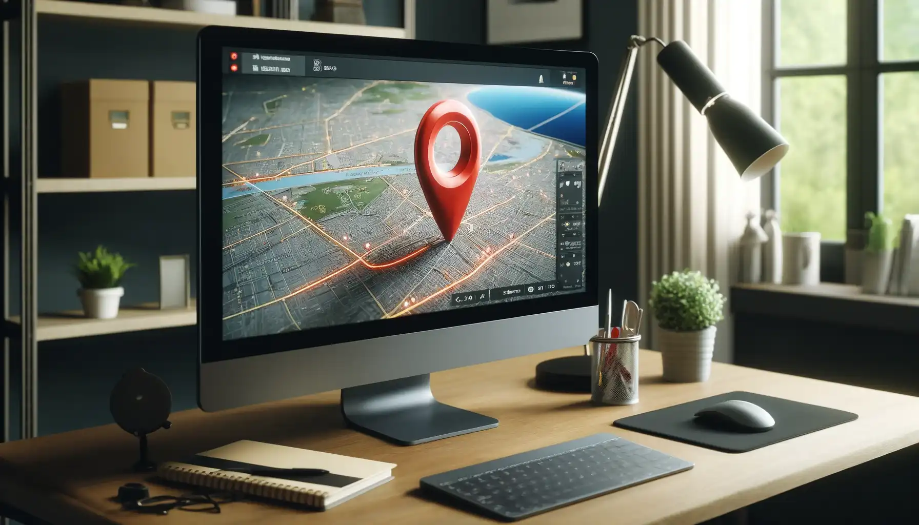 An interactive map is open on the computer screen, on which the red location tracker is displayed.