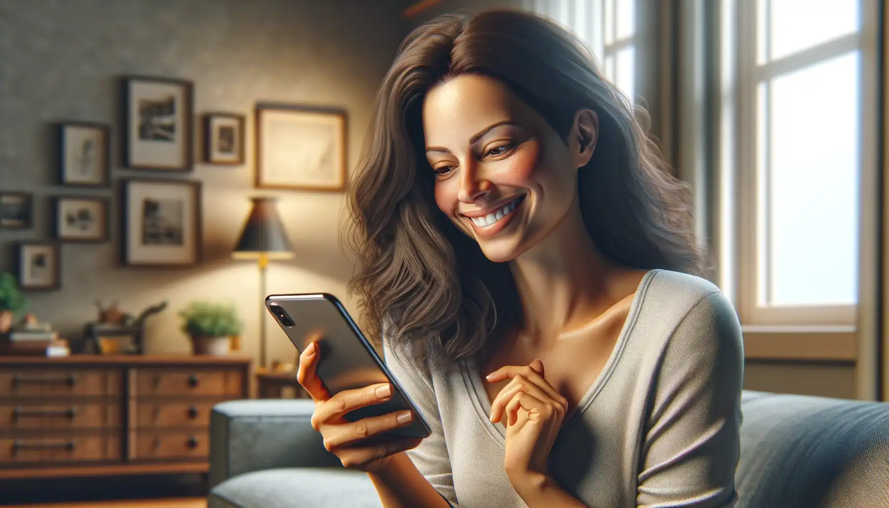 A smiling woman reads a notification on her phone