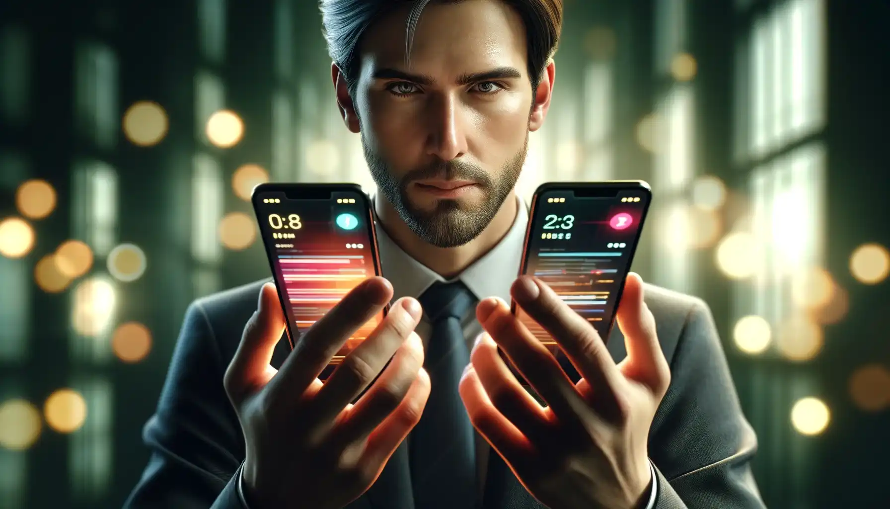 a man with two smartphones in his hands