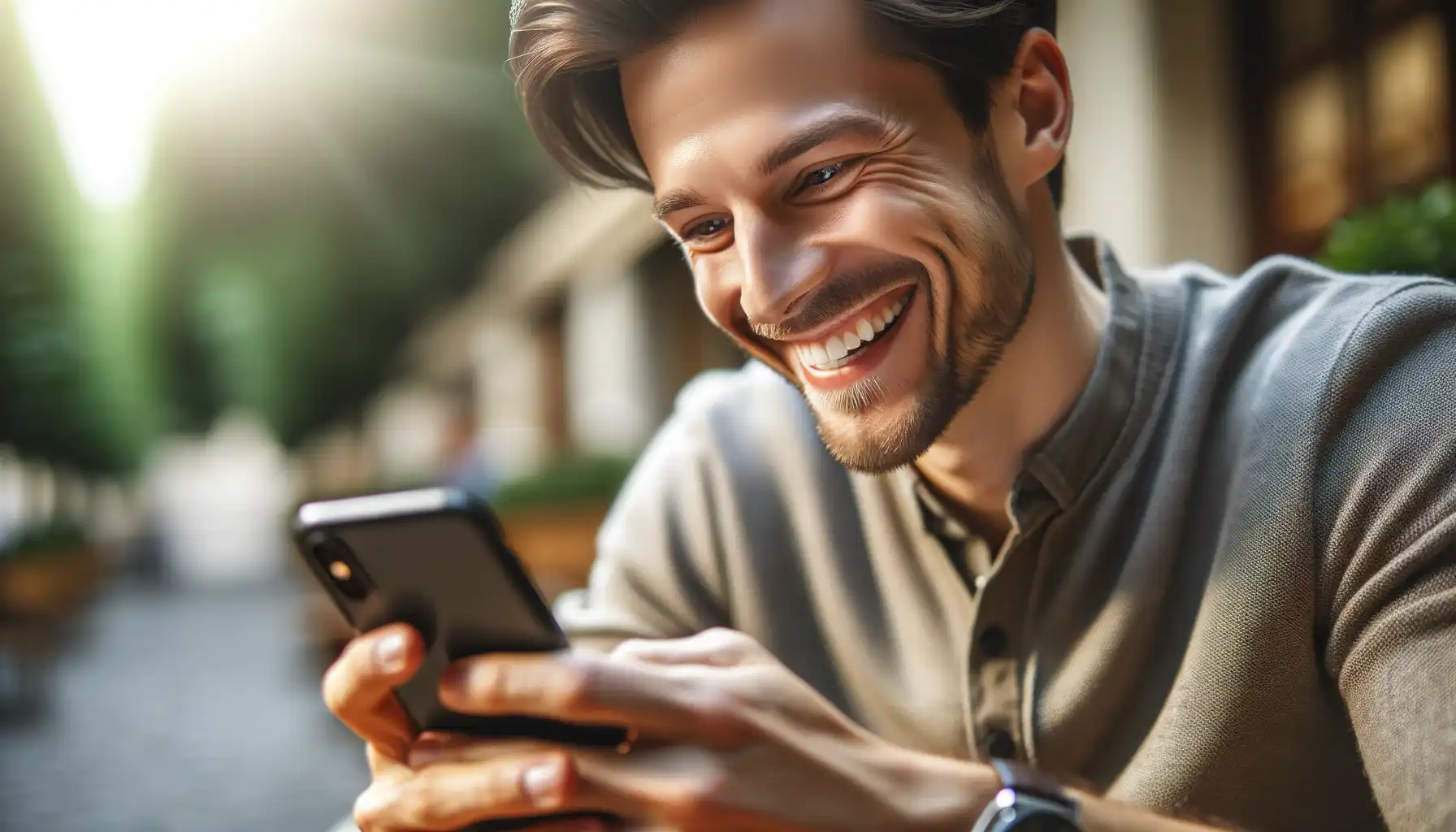 A smiling man looks at his smartphone