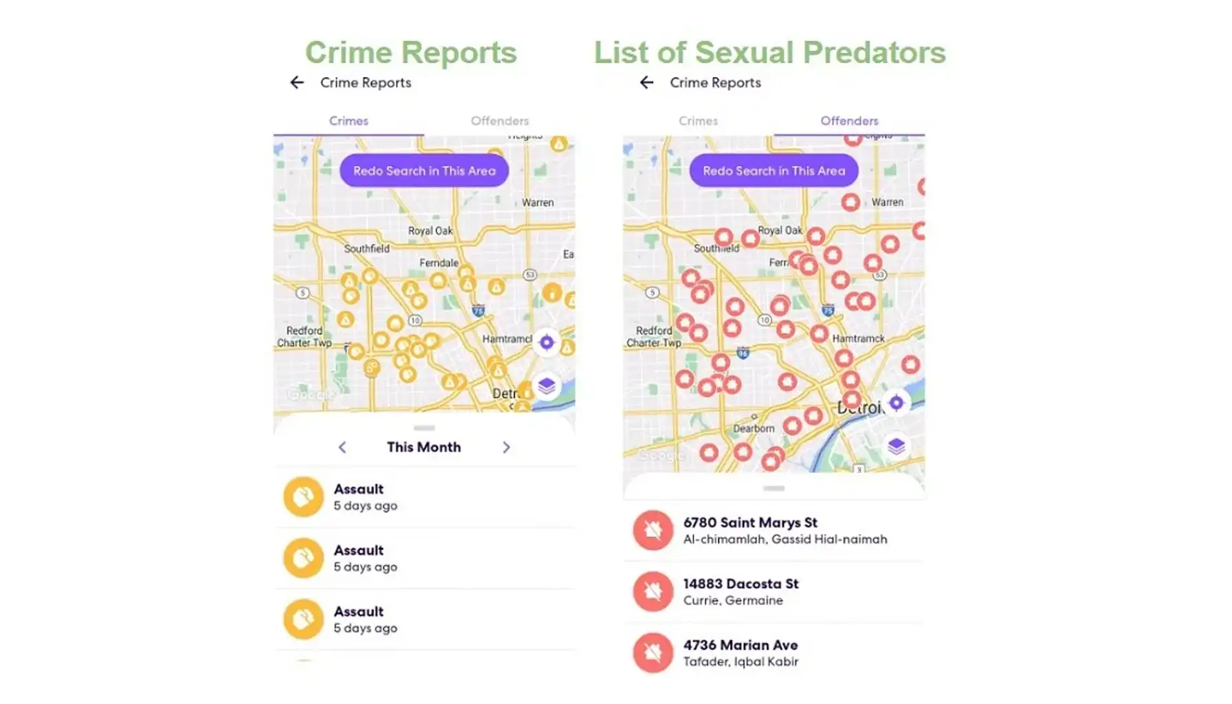 A screenshot from the app Life360 with Crime Reports or SOS options