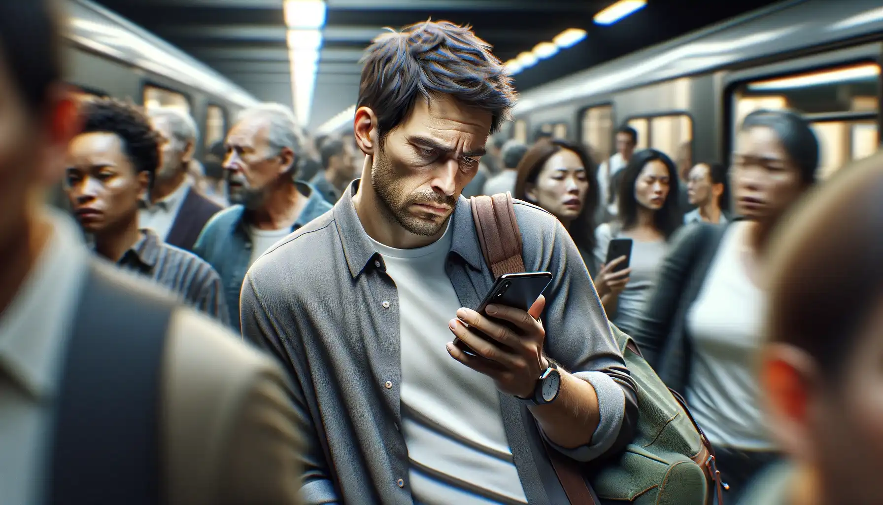 An exhausted man looks at his phone while there are a lot of people around