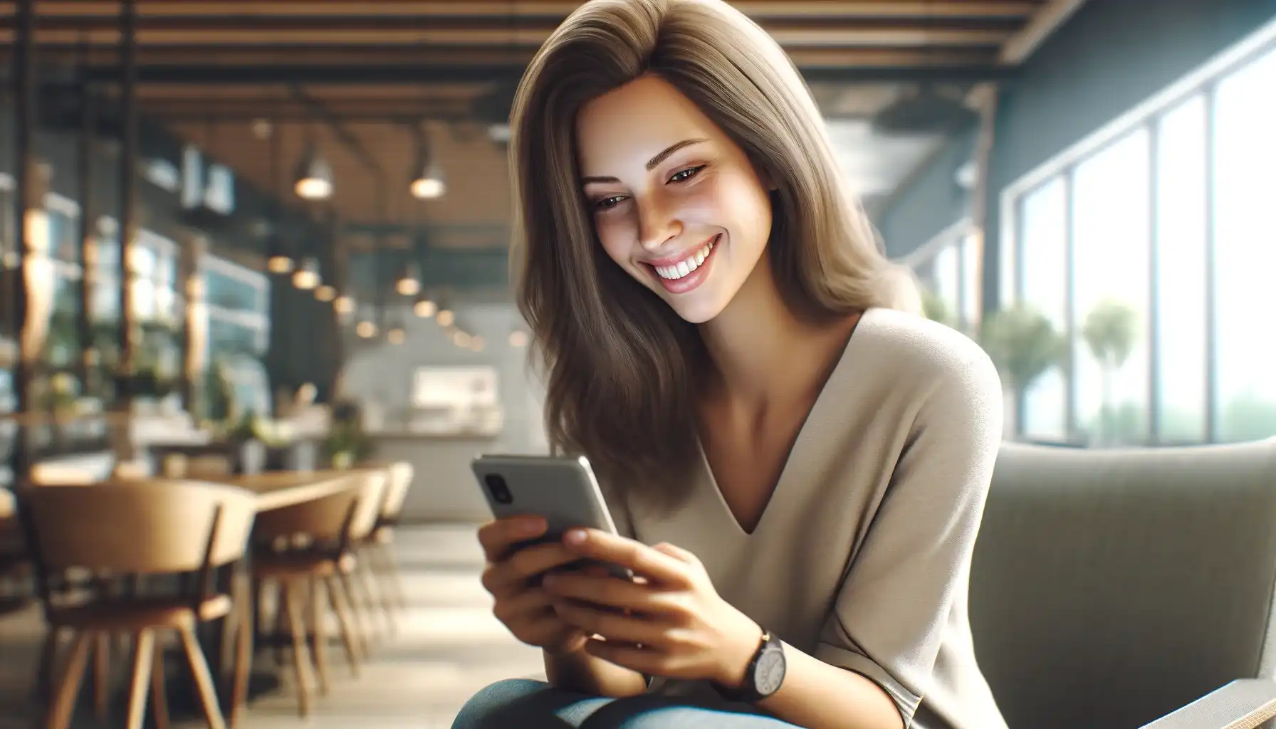 A smiling woman is looking at her phone