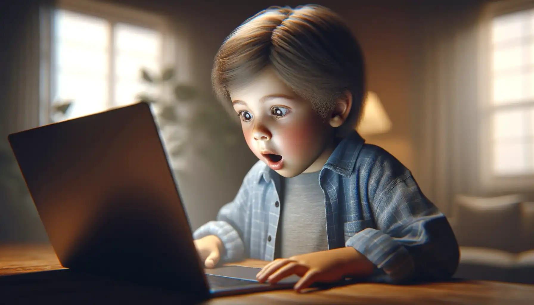 A child in front of a laptop who is shocked by what (s)he sees