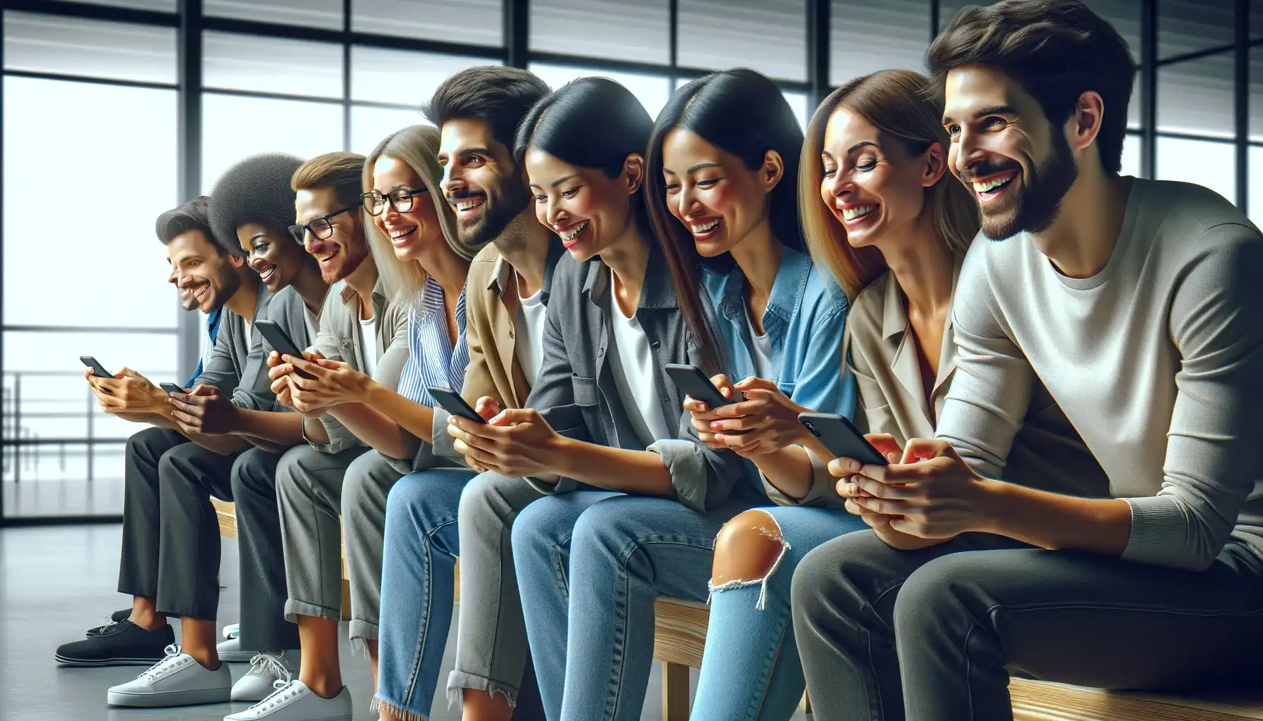 A group of people are smiling and looking at their phones while sitting next to each other