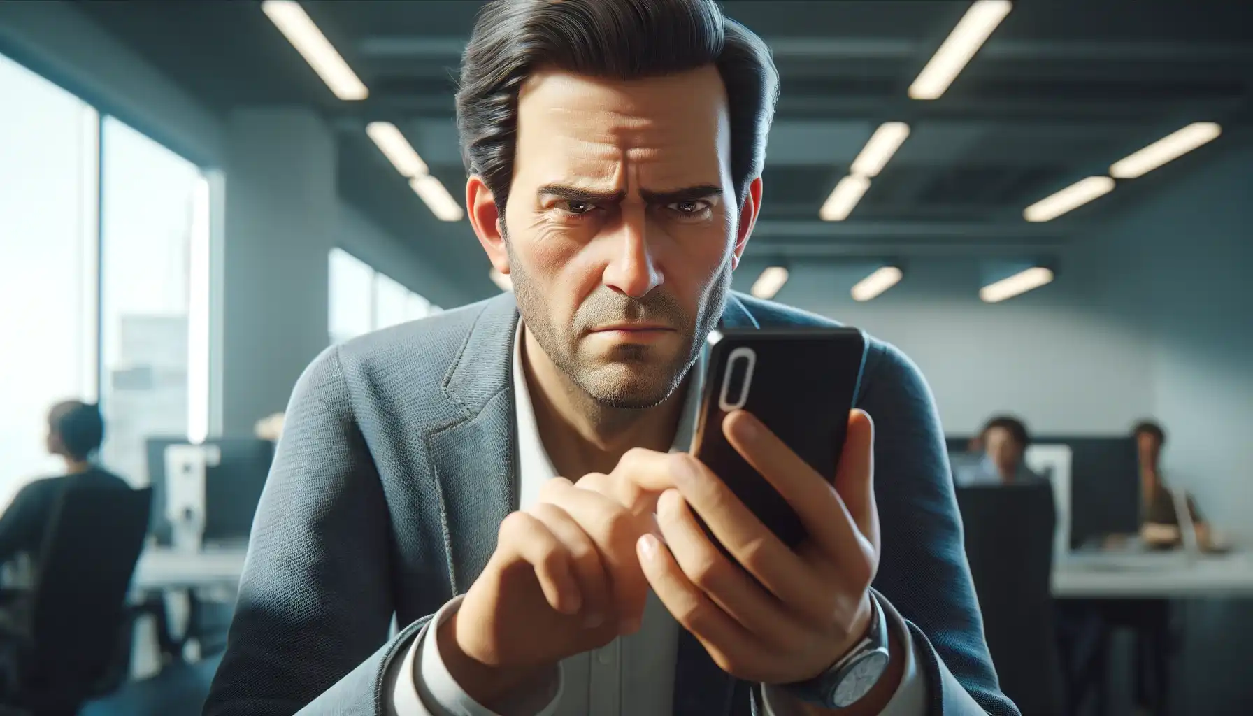 The man looks irritably at the screen of his phone