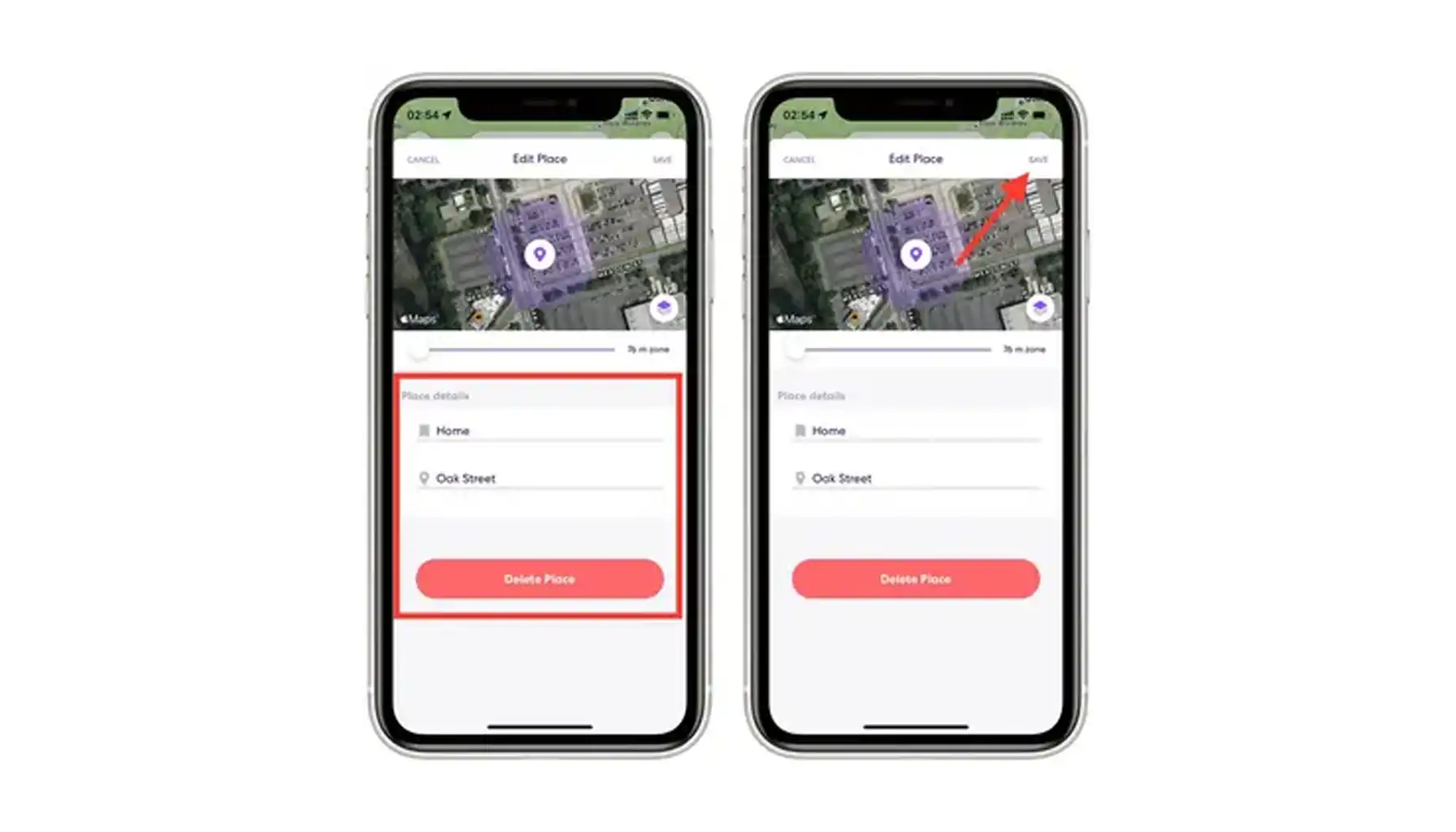 Screenshot from the Life360 app, Edit Place screen where the "delete place" button is visible.